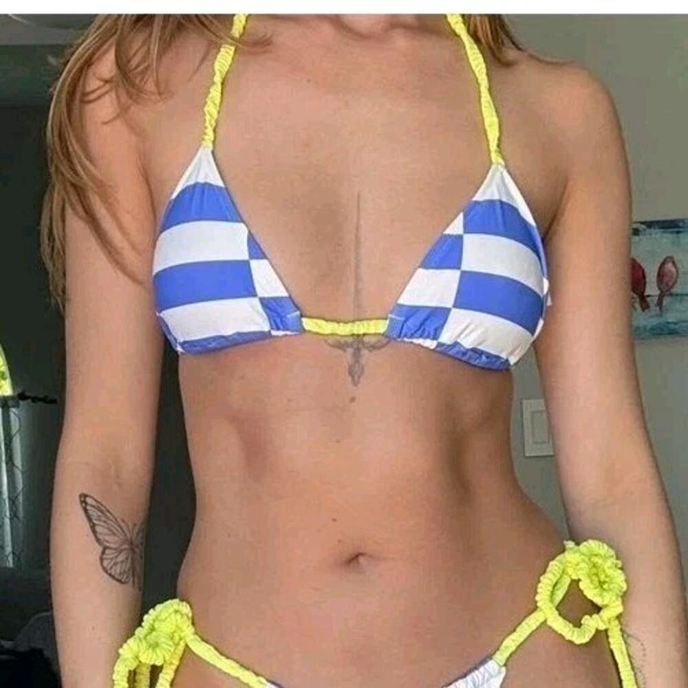 Aerie Real Good Triangle Slide Bikini Top Blue Striped Neon Scrunchie Straps Lg